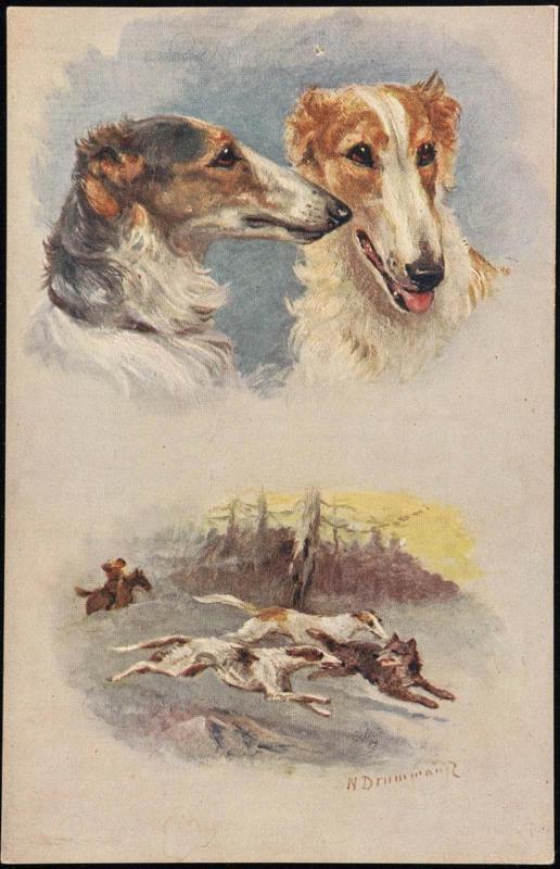 Two insets: 2 dog busts; 2 dogs chasing a fox with master in background.