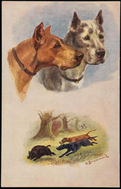 Two insets: 2 dog busts; 2 dogs chasing a boar.