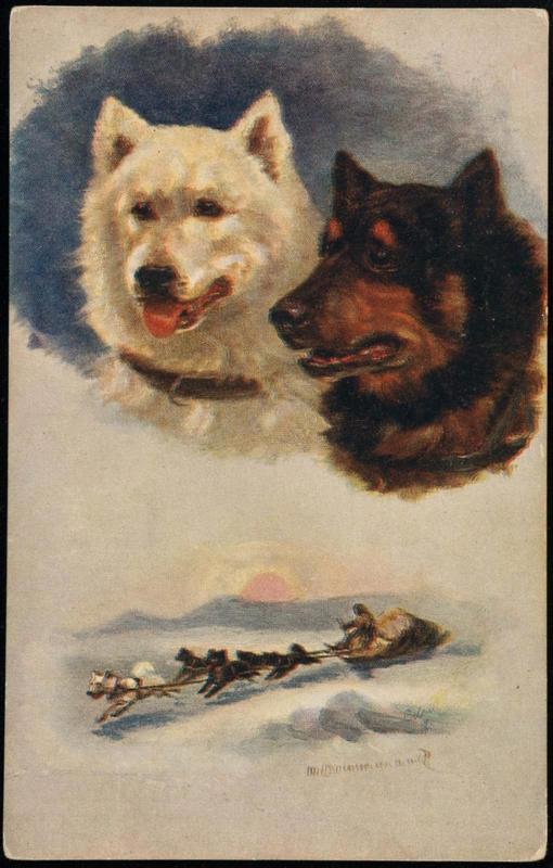 Two insets: 2 Husky busts; 2 dogs drawing a dog sled.