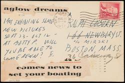 Postcard sent by Ellsworth Kelly to Ralph Coburn, Aglow dreams/new exhibition.