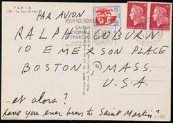 Postcard sent by Ellsworth Kelly to Ralph Coburn, et alors?: "Paris 120 - La Tour Eiffel.