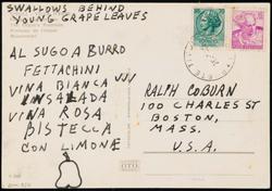 Postcard sent by Ellsworth Kelly to Ralph Coburn, "Swallows behind young grape leaves."