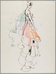 Female model in colored layered evening dress