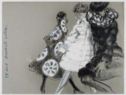 Three female models in fur coats, one with ruffled black and white neck