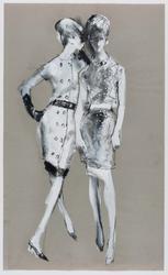 Two female models in short belted dresses
