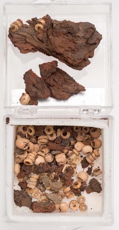 Beads and leather fragments