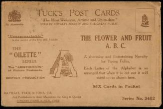 THE FLOWER AND FRUIT A.B.C.
A charming Entertaining Novelty for Young Folks.
Each Letter of the Alphabet is so arranged that when it is cut out it will stand up as shown here.
SIX Cards in Packet.