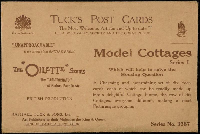 Model Cottages. 
Series I.
Which will help to solve the Housing Question.
A Charming and entertaining set of Six Postcards each of which can be readily made up into a delightful Cottage Home, The row of Six Cottages, everyone different, making a most Picturesque grouping.