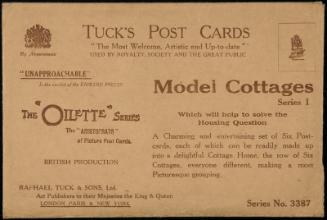 Model Cottages. 
Series I.
Which will help to solve the Housing Question.
A Charming and entertaining set of Six Postcards each of which can be readily made up into a delightful Cottage Home, The row of Six Cottages, everyone different, making a most Picturesque grouping.