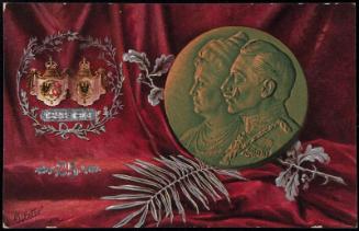 Medallion of German royals in profile on red fabric.