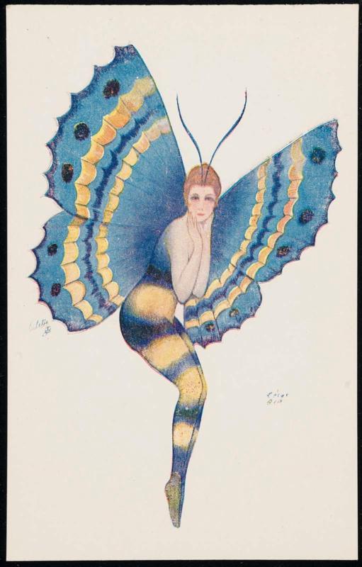 Lady with blue and yellow butterfly wings.