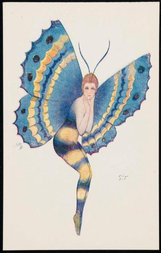 Lady with blue and yellow butterfly wings.