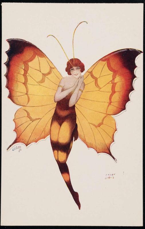 Lady with yellow and orange butterfly wings.