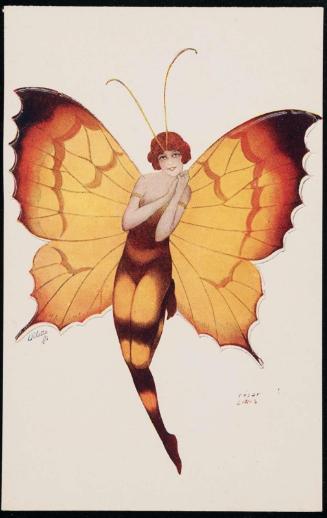 Lady with yellow and orange butterfly wings.