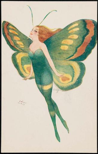 Lady with green, yellow, and orange butterfly wings.