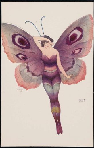 Lady with pink and purple butterfly wings.