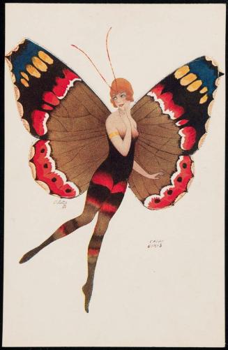Lady with red, brown, yellow, and blue butterfly wings.