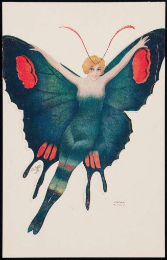 Lady with teal and red butterfly wings.
