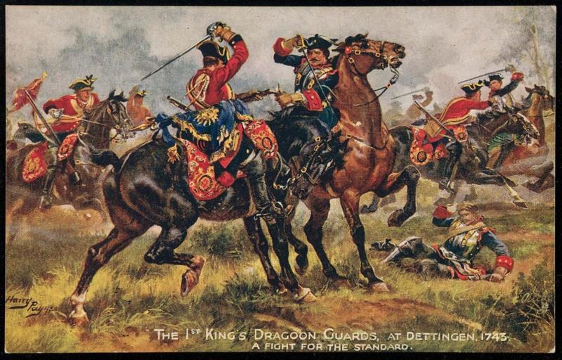 THE 1ST KING'S DRAGOON GUARDS, AT DETTINGDEN, 1745. 
A FIGHT FOR THE STANDARD.