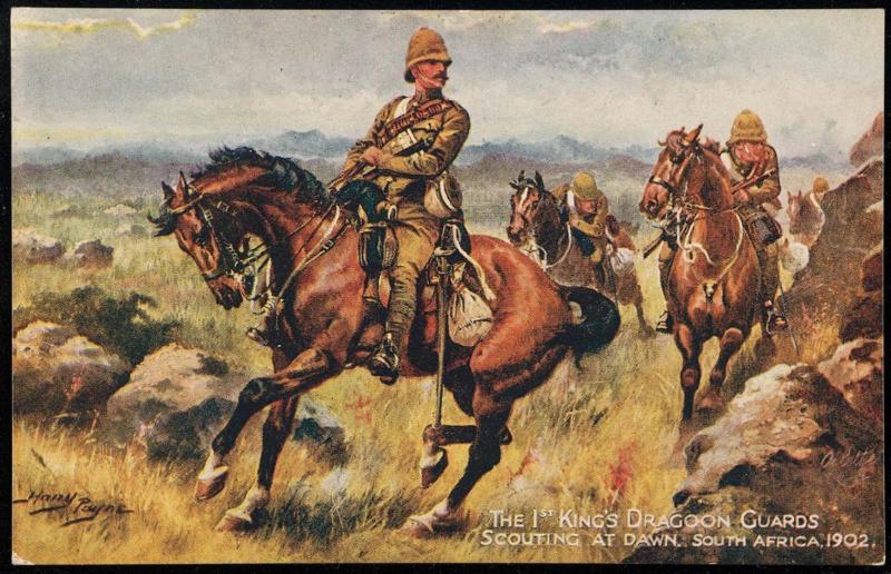 THE 1ST KING'S DRAGOON GUARDS
SCOUTING AT DAWN. SOUTH AFRICA, 1902.