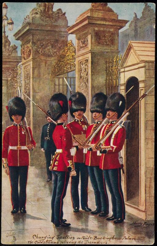 Changing Sentries outside Buckingham Palace.
The "Coldstreams" relieving the "Grenadiers".