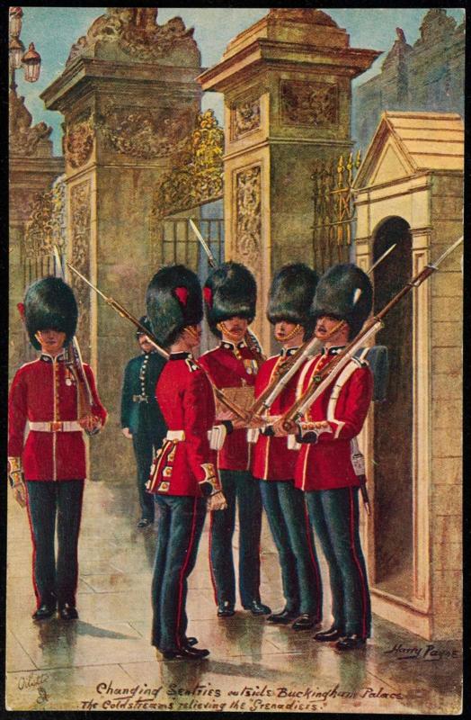 Changing Sentries outside Buckingham Palace.
The "Coldstreams" relieving the "Grenadiers".