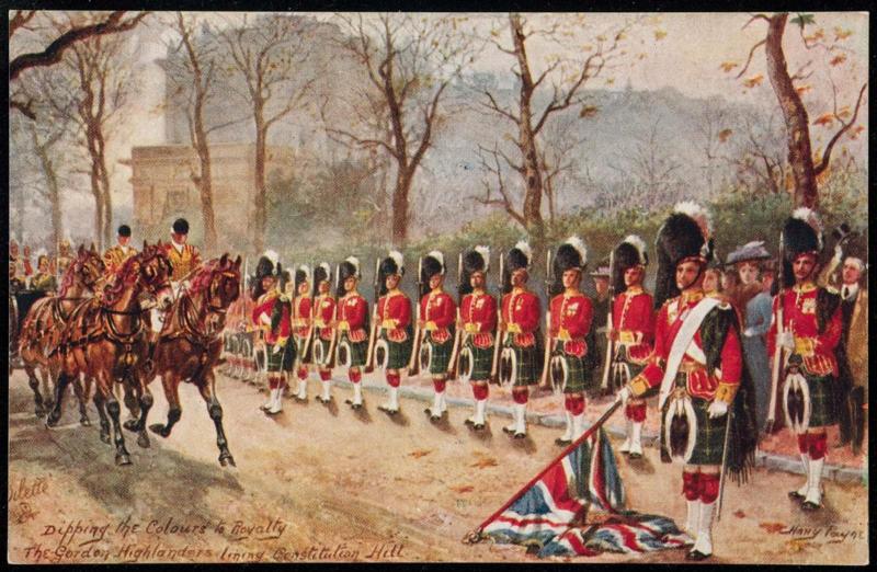 Dipping the Colours to Royalty.
The Gordon Highlanders lining Constitution Hill.