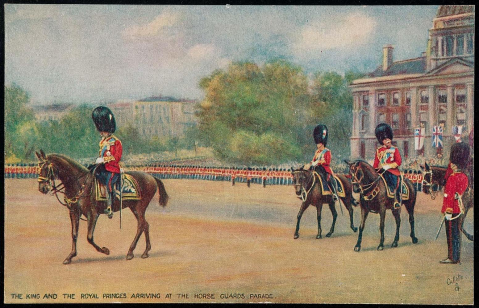 THE KING AND THE ROYAL PRINCES ARRIVING AT THE HORSE GUARDS PARADE.