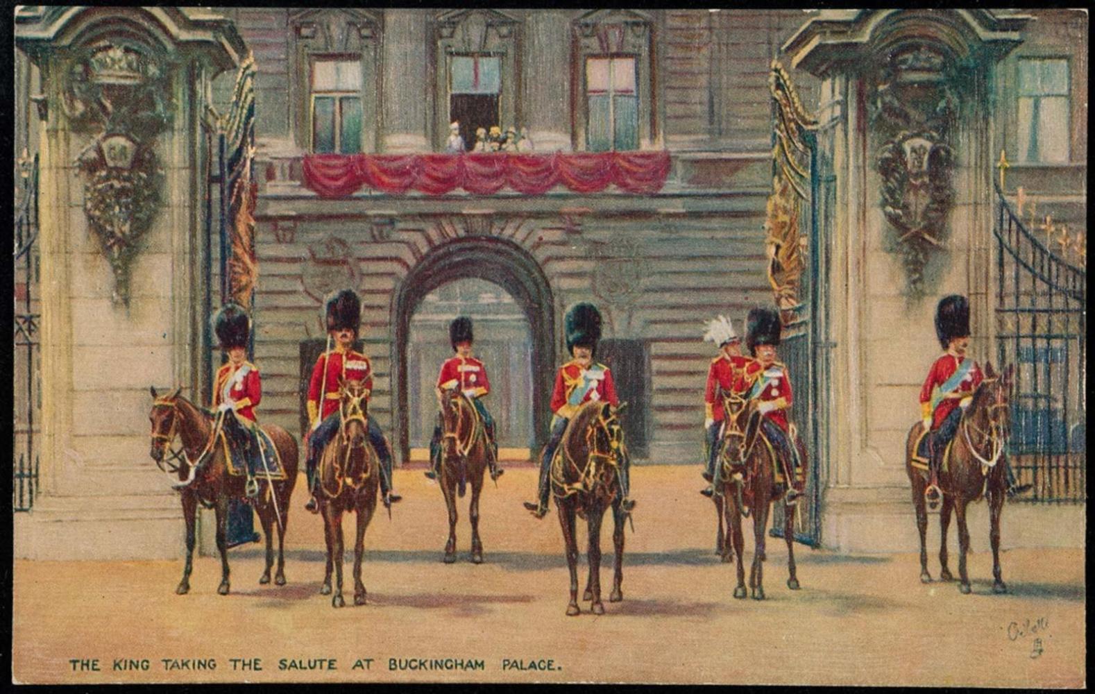 THE KING TAKING THE SALUTE AT BUCKINGHAM PALACE.