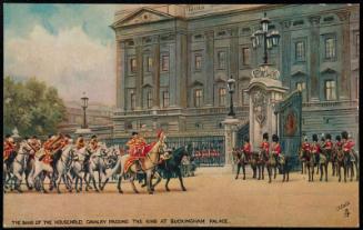 THE BAND OF THE HOUSEHOLS CAVALRY PASSING THE KING AT BUCKINGHAM PALACE.