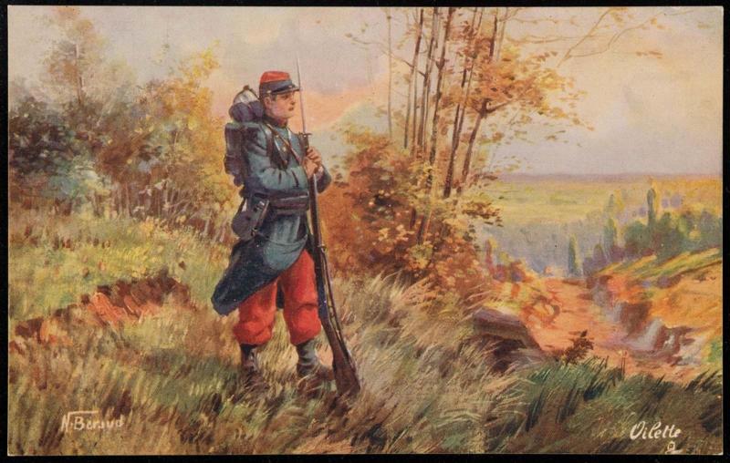 Soldier standing with bayonette overlooking a ravine.