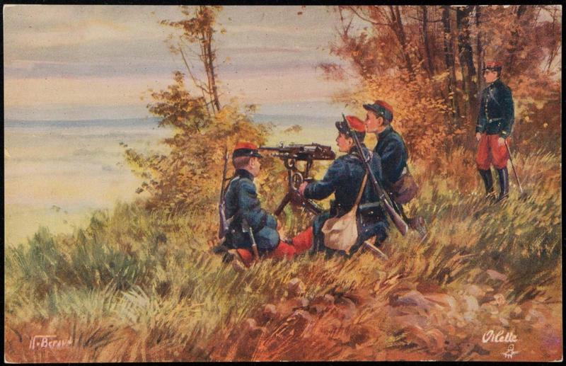 Four soldiers on a hill with mounted gun.