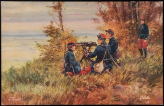 Four soldiers on a hill with mounted gun.