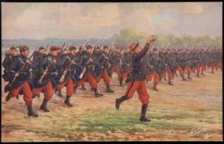 Lines of soldiers charging across a field.