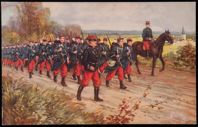 Regiment of soldiers marching down a dirt road past a town.