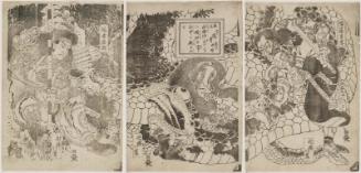 Illustration from the Book Chinsetsu Yumiharizuki (Chinsetsu Yumiharizuki kanchû ryakuzu): The Wolf Yamao Attacks a Giant Serpent on Behalf of His Master and Leaves His Bones in the Mountains (Yamao--ôkami no na nari--shû no tame ni orochi o kande sanchû ni mukuro o todomu)