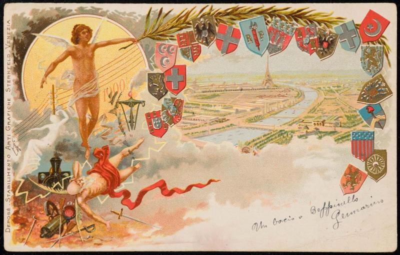 Angel over Father Time with an inset of the Seine River and the Eiffel Tower.
