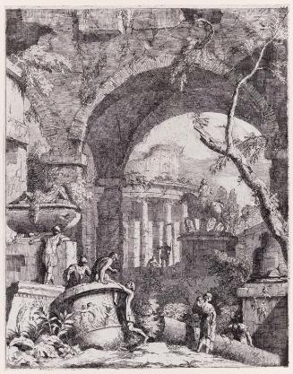 Landscape with Classical Ruins, a Large Vase, and an Equestrian Statue