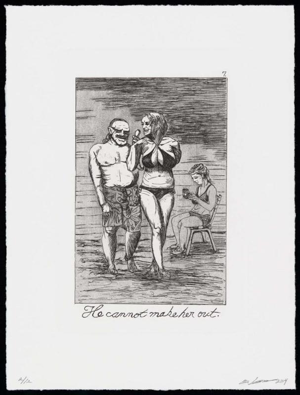 The Caprichos, Suite 2, Plate 7: He cannot make her out