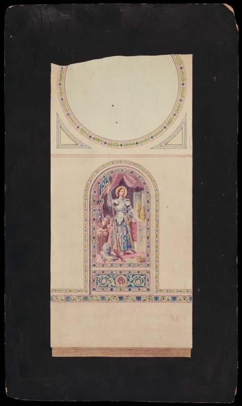 Study for painted wall treatments and ceiling decoration of a church, with a painting of Joan of  Arc