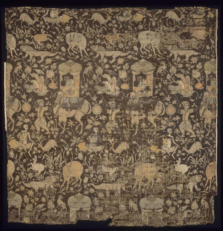 Silk textile fragment: Layla visiting Majnun in the wilderness, Ghiyath