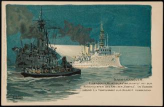 NACHTMANÖVER, LINIENSCHIFF "OLDENBURG" BELEUCHTET MIT DEM SCHEINERFER DEN KREUZER "HERTHA." IM VORDERGRUND EIN TORPEDOBOOT ZUM ANGRIFF VORGEHEND.