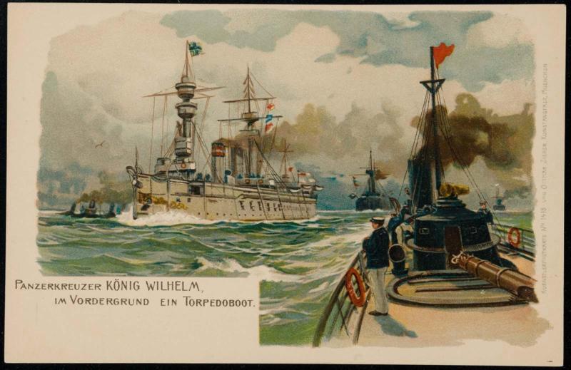 PANZERKREUZER KÖNIG WILHELM, IM VORDERGRUND EIN TORPEDOBOOT.