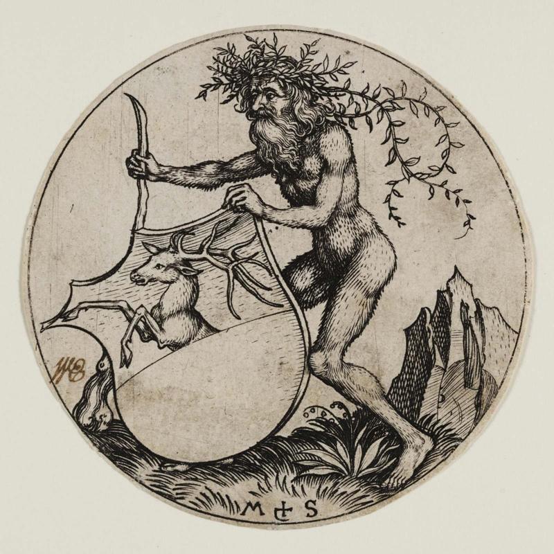 Shield with a Stag's Head, Held by a Wild Man (from the Armorial Shield with Supporters series, 1 of 10 plates)