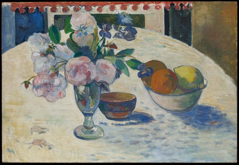 Flowers and a Bowl of Fruit on a Table