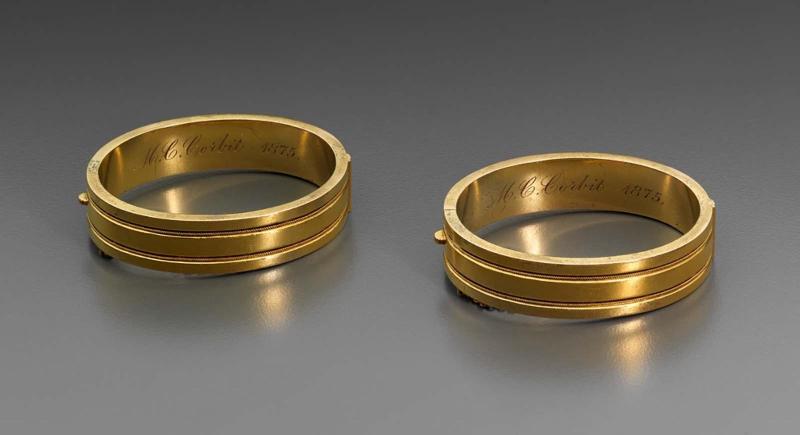 Matched pair of hinged cuff bracelets