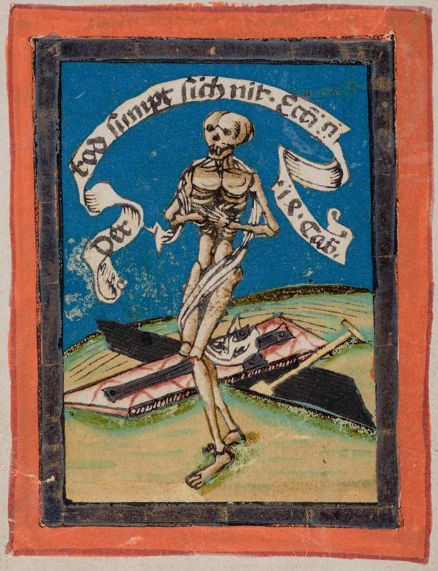 Death standing before an open grave.