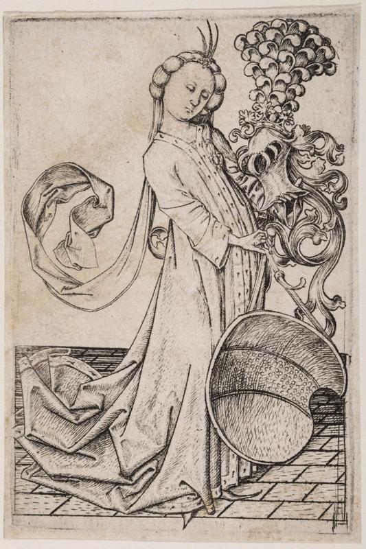 Young Woman Holding a Helmet and a Shield