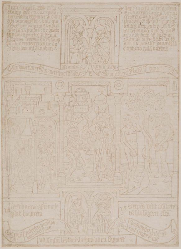 Page from a "Biblia Pauperum," with depictions of Christ Tempted in the Wilderness, Jacob and Esau, and The Serpent Tempts Adam and Eve