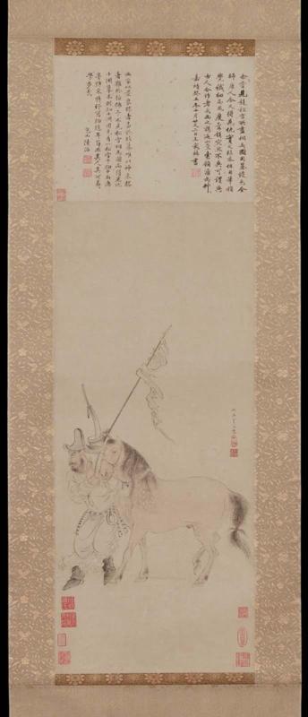 A man with a lance and a bow over his shoulder standing beside his horse